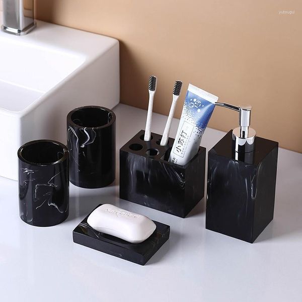 Conjunto acessório de banho conjunto de resina de mármore banheiro 5 peças suprimentos kit de lavagem garrafa de loção boca copo porta escova de dentes saboneteira