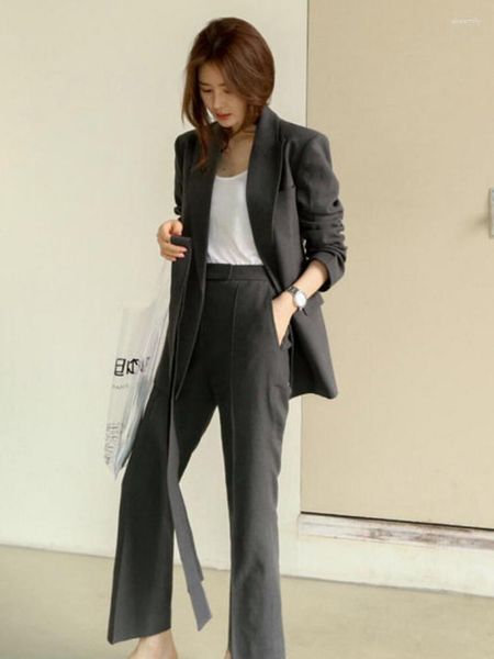 Pantaloni a due pezzi da donna Insozkdg Suit Donna Office Ladies Blazer Giacca coreana con lacci Vita alta Abiti lunghi allentati femminili Pezzi Set