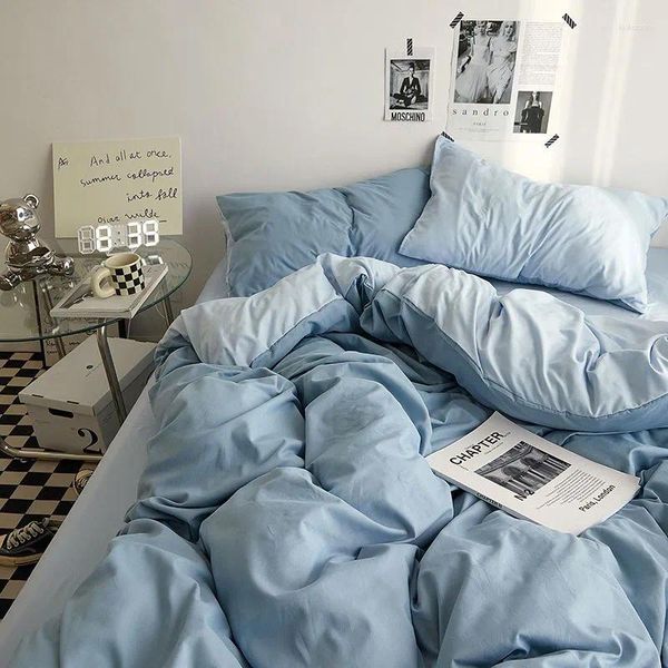 Yatak setleri katı mavi yorgan kapak seti düz sayfa yastık kıkırdakları ile 2023 ikiz tam boy kızlar kızlar yatak keten gri yeşil kit