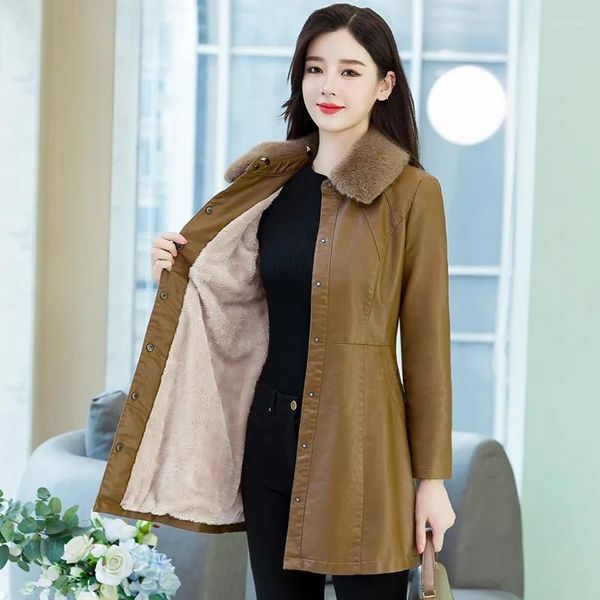 Frauen Leder Herbst Winter Frauen Schwarz Mantel Dicke Warme Lange Windjacke Weibliche Hinzufügen Samt Faux Pelz Jacke Braun