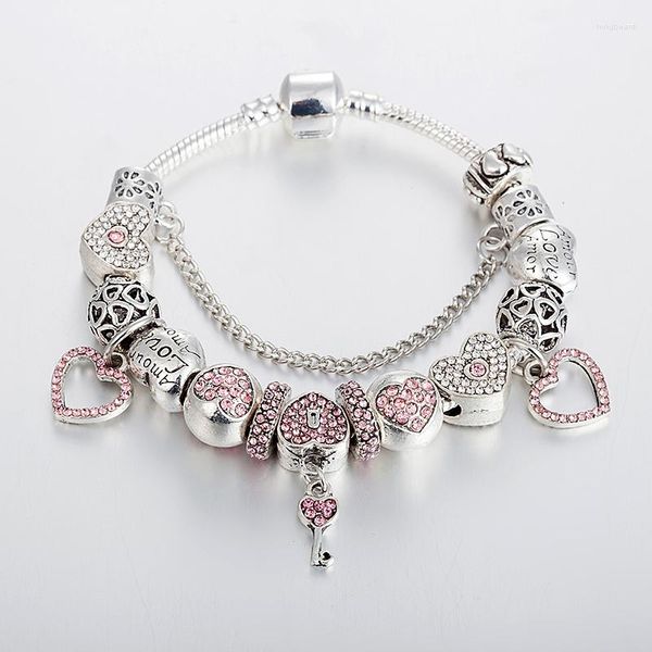 Charme pulseiras na moda rosa coração pingente grânulo pulseiras para mulheres pulseira feminina cristal jóias pulseira