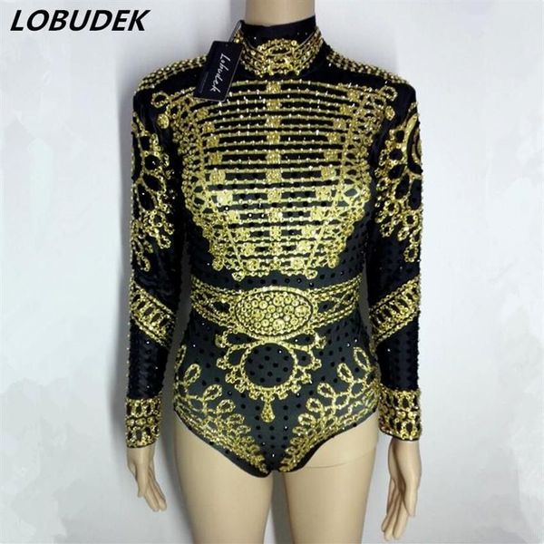 Goldener schwarzer Strass-Body, helle Kristalle, Trikot, elastischer Catsuit im okzidenten Stil, Damen, Sängerin, Bar, DJ, Kostüme, Party, Show, W287B