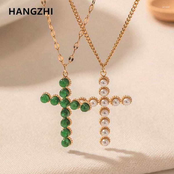 Collane con ciondolo HangZhi Perla Croce di pietra in acciaio inossidabile per donna 2023 Design squisito fascino regalo di gioielli a catena sottile