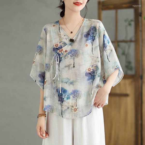 Blusas femininas impressas estilo chinês camisas de linho de algodão roupas femininas soltas manga curta moda verão com decote em v