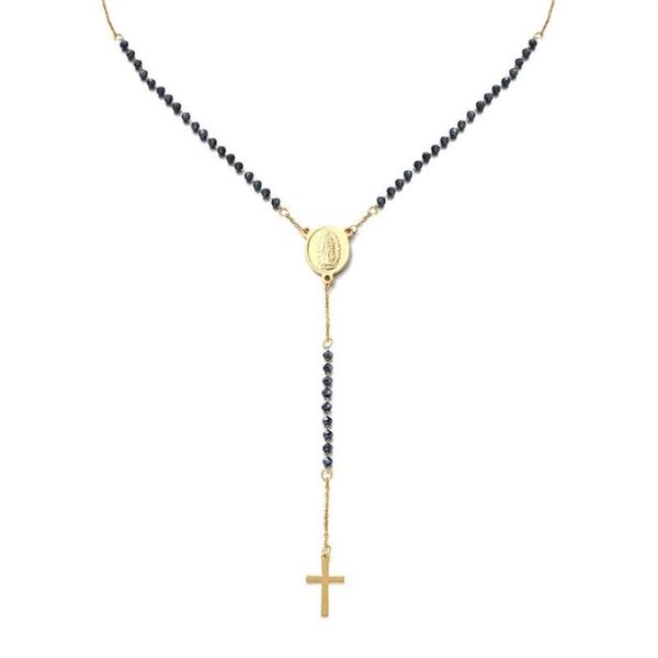 Colares Pingente Católico Aço Inoxidável Rosário Beads Cadeia Y Forma Virgem Colar Para Mulheres Homens Cruz Religiosa Jewelry257V