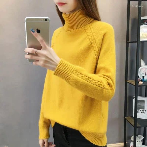 Suéter feminino casual de malha solta, pulôveres grossos de gola alta, outono e inverno 2023, roupas femininas amarelas