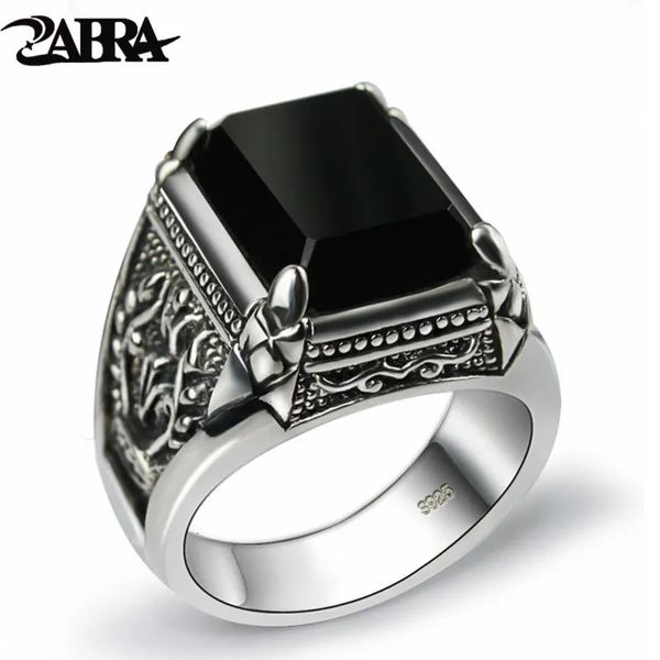 Anel Solitário ZABRA Real 925 Prata Zircão Preto Para Homens Feminino Feminino Gravado Flor Moda Sterling Thai Jóias Sintética Onyx 231007