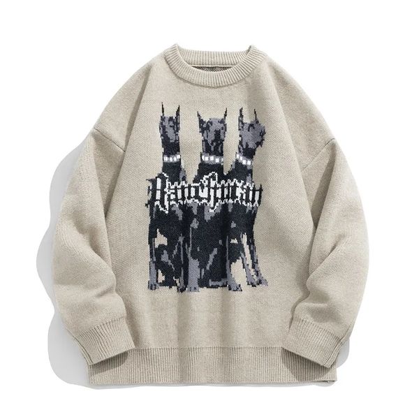 Köpek Örgü Sweater Y2K Büyük Boy Külot Erkekler Hoodie Vintage Grafik Örgü Erkek Jumper Kadın Kış Örgü Kahverengi Bej