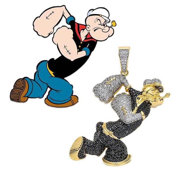 Hip hop micro pavimentado preto branco cz pedra bling gelado personagem dos desenhos animados popeye pingentes colar para homem rapper jóias290w