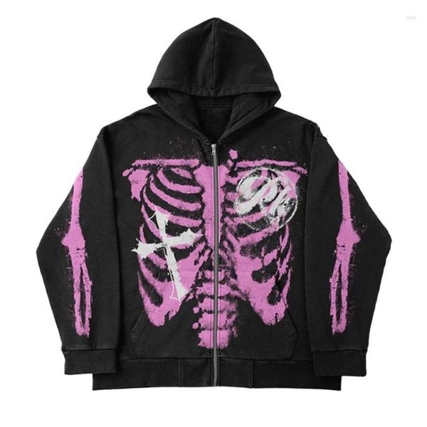Hoodies masculinos 2023 outono moda zip hoodie gótico rua retro estética topos crânio impressão oversized solto y2k topo colheita roupas