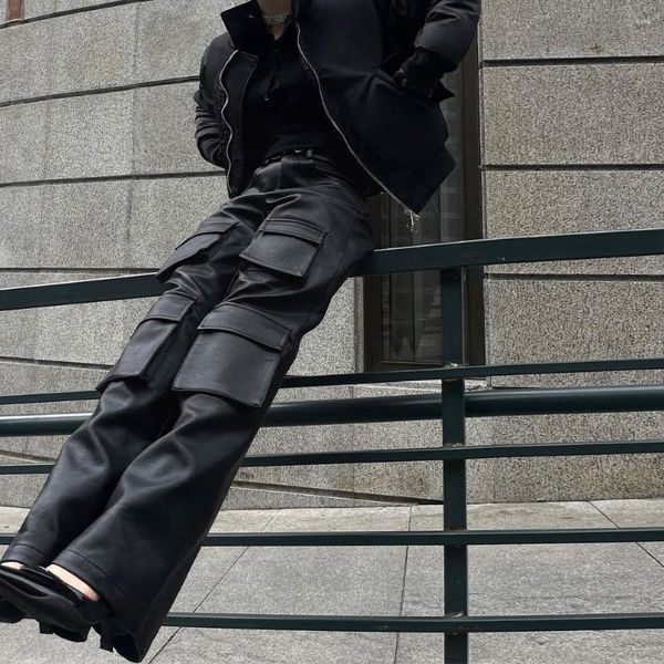 Женские брюки, трехмерные повседневные широкие кожаные брюки-карго с несколькими карманами, мужская и женская одежда, черные комбинезоны из искусственной кожи, брюки