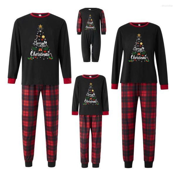 Женские брюки из двух предметов, рождественские пижамы для семьи, клетчатые пижамы с рождественской елкой, детские одинаковые комплекты, праздничная одежда для сна