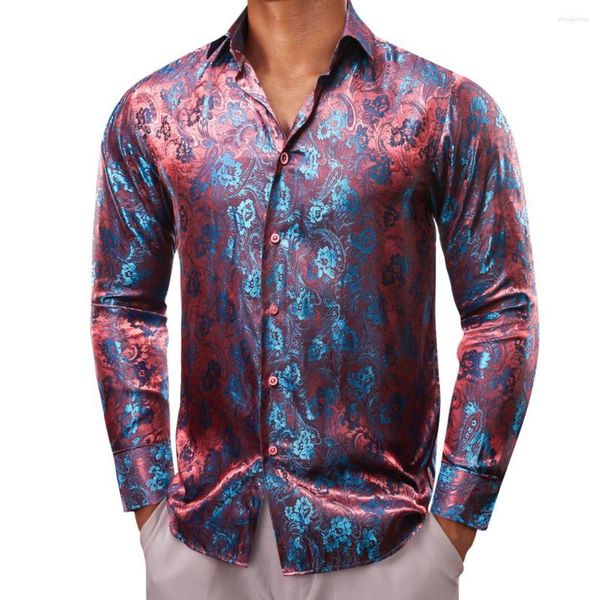 Camisas casuais masculinas de luxo para homens bordados de seda vermelha teal floral brilho manga longa slim fit blusas masculinas tops roupas respiráveis