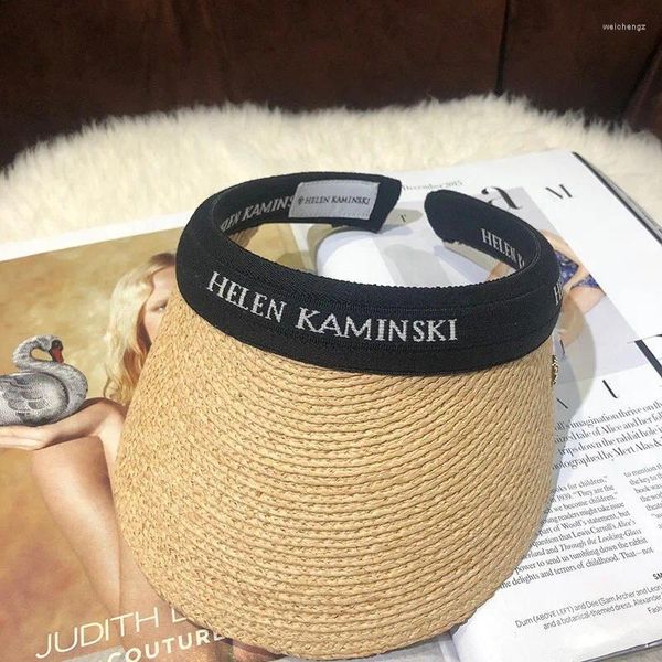 Chapéus de borda larga Helen Raffia Chapéu de palha de verão para mulheres praia vazio top sol viseira de alta qualidade boné proteção de sol artesanal viagem
