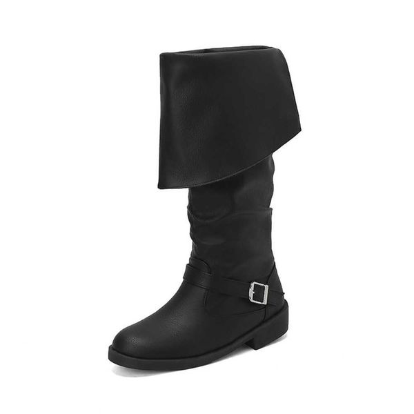 40-48 Botas femininas de salto baixo grande com fivela de cinto de dois usos Botas de cano alto Botas longas H152 231003