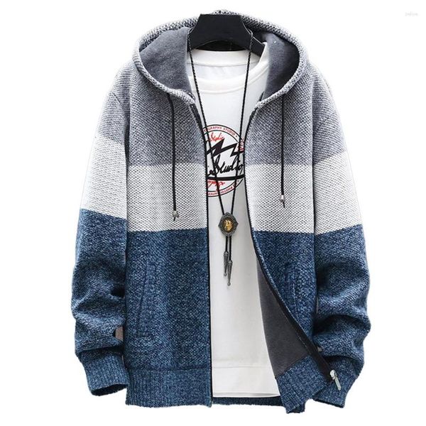 Jaquetas masculinas moda inverno com capuz malha cardigan casaco de lã mais grosso quente zip up listrado top outwear roupas