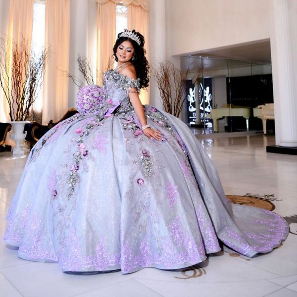 Mexiko 2024 Lavendel glänzende Quinceanera Kleider Schatz Perlen Applikation Spitze Blume Rüschen Ballkleid Süße 16 Kleider Vestidos