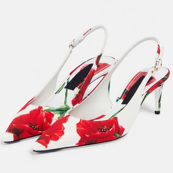 Sandali con tacco alto stampati con fiori rossi Scarpe a punta Tacco a spillo Moda da donna Cinturino posteriore Gattino Tacco Slingback Scarpe da sera Scarpe da sera firmate da 6,5 cm