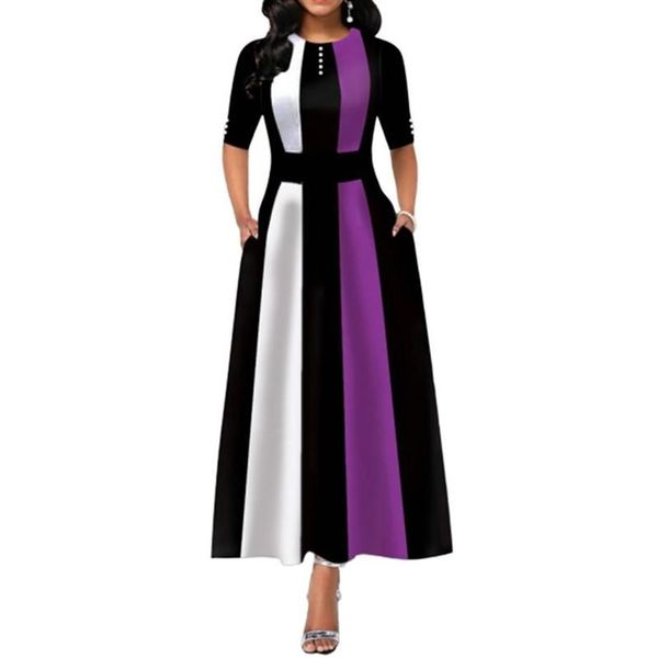 Party Kleider Frauen Elegante Halbe Hülse Patchwork Büro Dame Lange Sommer Femme Vintage A-Line O Neck Streifen Maxi Dress1981