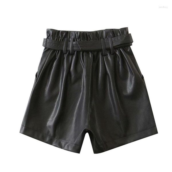 Shorts pour femmes 2023 Femmes Chic Mode avec ceinture Faux Cuir Vitnage Taille haute Poches à glissière Femme Pantalon court Mujer