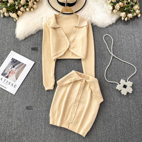 Vestidos de trabalho outono e inverno estilo coreano moda terno feminilidade manga comprida lapela cardigan cintura alta saco hip saia conjunto de duas peças
