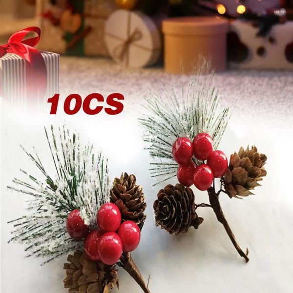 Flores decorativas 10x Flor Artificial Vermelho Natal Berry Pine Cone com Ramos Decoração de Natal para Casa Decoração Floral Arranjo de Artesanato