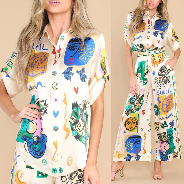 2023 Australian Designer Fancy Damenanzug, abstraktes Muster, Raffung der Taille, Graffiti-bedrucktes Satin-Kurzarm-Revershemd + Hose, lässiger zweiteiliger Anzug