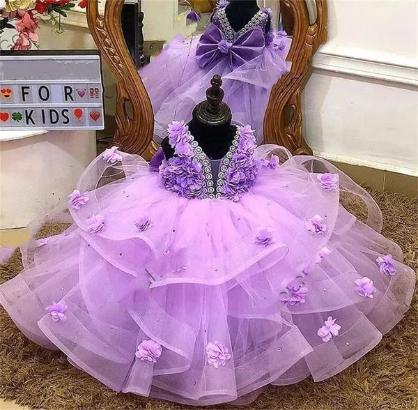 2024 Фиолетовое платье для выпускного вечера принцессы для детей с оборками из бисера, пышные платья для красоты, 3D цветы, платье на день рождения, платья для фотосъемки 322