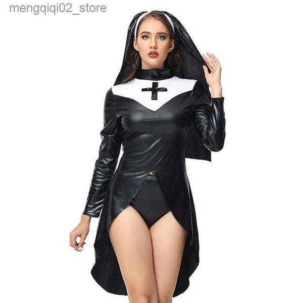 Thema Kostüm Karneval Halloween Dame mittelalterliche Nonne Gewohnheit kommen PU Latex schlank Smoking Krankenschwester Cosplay Fancy Party Kleid Q231010