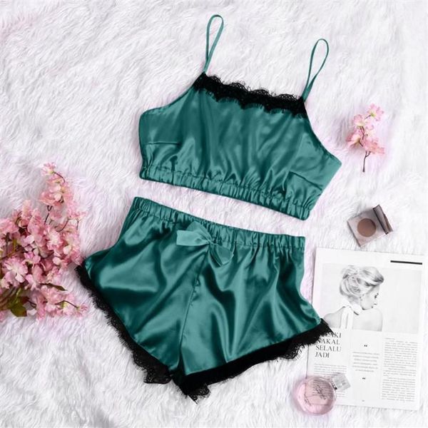 Sommer Spaghetti Strap Seide Plus Größe Hause Nacht Tragen Schlaf Pyjamas Set Frauen Sexy Pyjamas Shorts Nachtwäsche WL Bhs Sets320Q