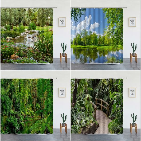 Tende da doccia Parco Giardino Albero Fiore Stagno Natura Paesaggio Tenda da doccia Bagno Poliestere Tende in tessuto impermeabile Casa Vasca da bagno Decor 231007