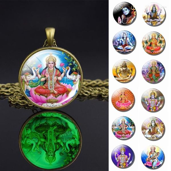 Collane con pendente 1pc Luminoso Lakshmi Dea Dio Ganesh Collana in bronzo Incandescente Induismo Cabochon in vetro Gioielli Amuleto Gift196u