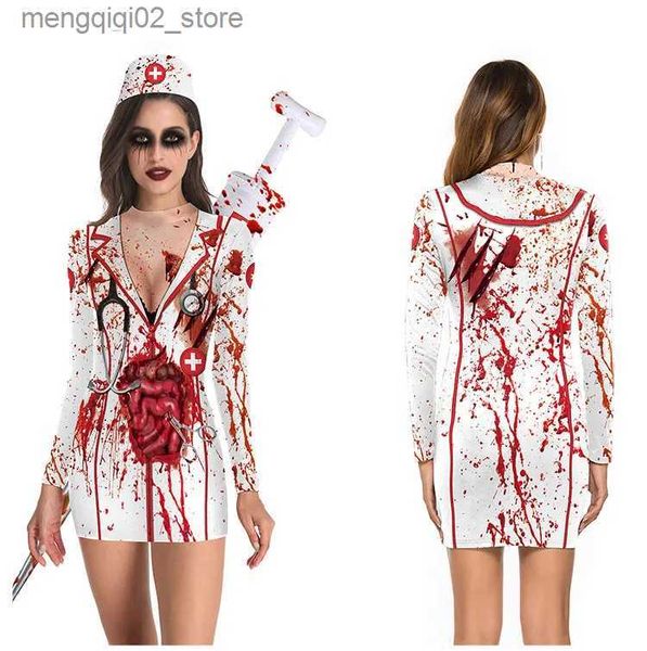 Thema Kostüm Halloween Horror Blut Krankenschwester Uniform Cosplay kommt Frauen Mädchen Kleid Druck Strumpf Rock Party Karneval Maskerade Anzug Q231010