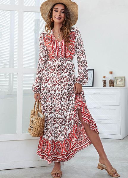 Sıradan Elbiseler Etnik Çiçek Baskı V Yez Vestidos Uzun Kollu Boho Sonbahar Vintage Pamuk Rayon Maksi Elbise Kadın Robe