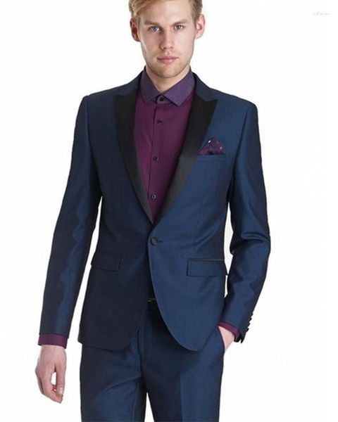 Abiti da uomo Blazer blu scuro Pantaloni da uomo per matrimonio Scialle nero Risvolto 2 pezzi (giacca pantaloni cravatta) Moda formale slim fit Prom Uomo