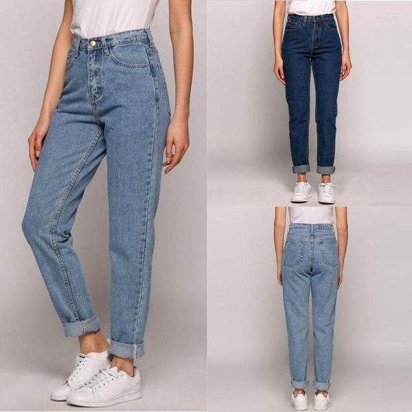 Jeans femininos moda vintage namorado solto cintura alta denim calças compridas plus size 25-32