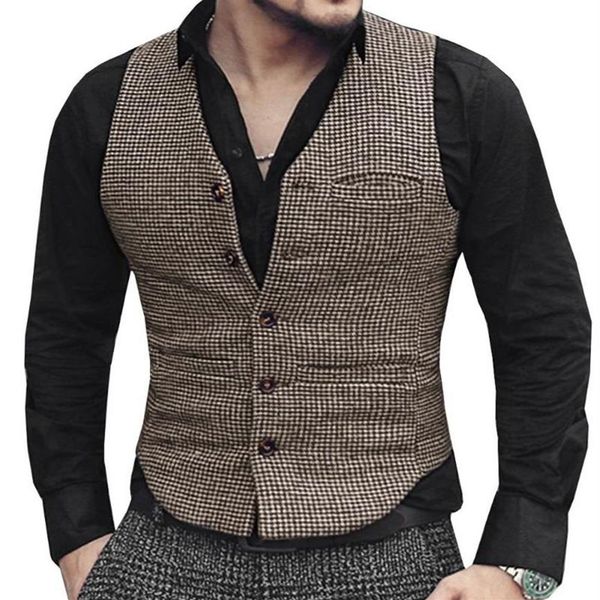 Herrenwesten Herrenanzugweste V-Ausschnitt Wolle Braun Einreihige Hahnentrittweste Casual Formal Business Groomman für Weddin265J