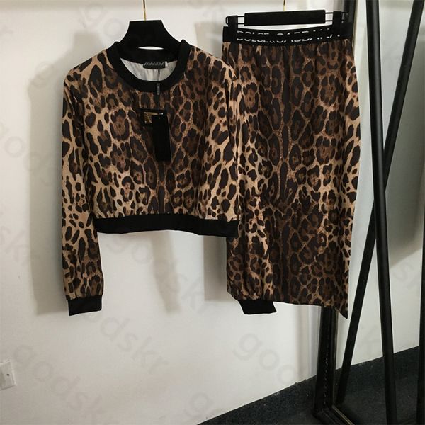 Leopard Print Sexy Bluse Überrock Frauen Set Mode Lange Ärmeln T-shirt Zipper Rock Hohe Taille Schlitz Rock