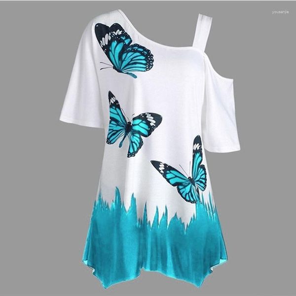 Blusas femininas verão mulheres borboleta impressa t um ombro irregular top feminino plus size solto streetwear