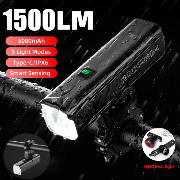 Luci per bici ROCKBROS Luce 1500LM5000mAh TypeC Controllo della temperatura della bicicletta IPX6 Lampada frontale a LED in alluminio Faro per ciclismo 231009