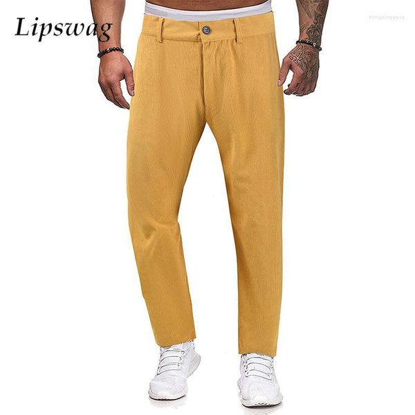 Calças masculinas casuais moda veludo calças outono clássico com nervuras design sólido para homens lazer lace-up streetwear reto