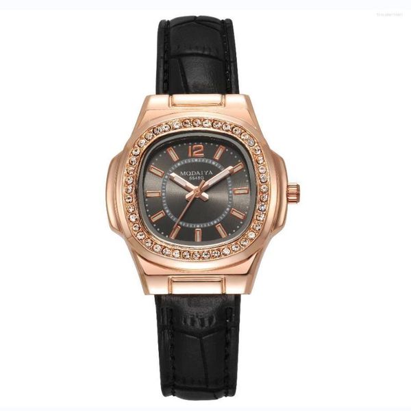 Relógios de pulso 2023 pulseira de couro vestido relógios para mulheres senhoras preto strass relógio de pulso relogio feminino frete grátis