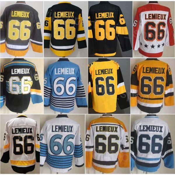 CCM Hockey Retro 66 Lemieux Винтажные трикотажные изделия Устаревшие Классическая вышивка и шитье Чистый хлопок Для любителей спорта Пуловеры для команд Черный Белый Синий Желтый Дышащий Высокий