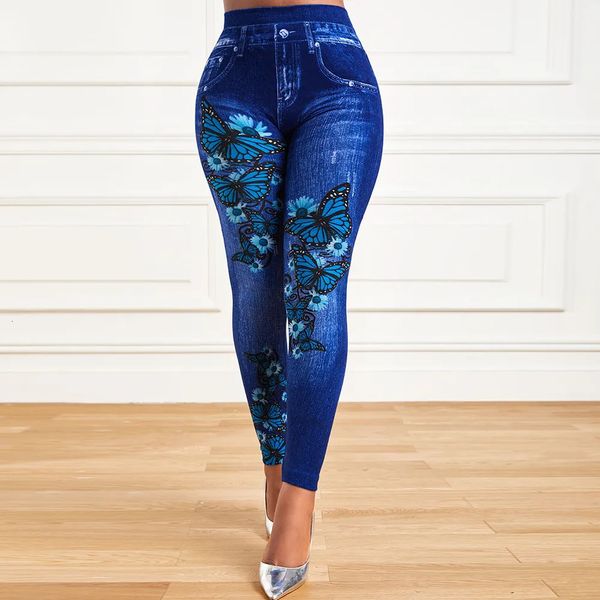 Leggings da donna Taglie forti Oversize da donna Vita alta Leggings elasticizzati Denim Look Skinny Jeggings Moda donna Stampa Pantaloni a matita Abbigliamento 2023 231009