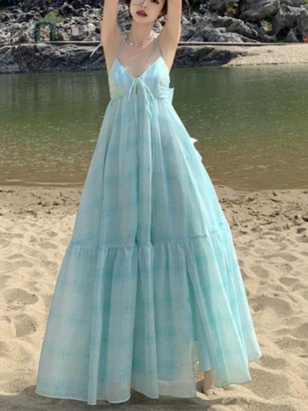 Lässige Kleider, blau, V-Ausschnitt, Neckholder, Tüll, Hosenträger, Abschlussball, Partykleid, luxuriös, sexy, rückenfrei, Strandurlaub, Festival, Hawaii-Outfit