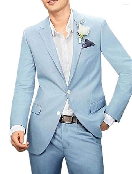 Мужские костюмы Светло-голубые мужские 2 предмета Формальные свадебные смокинги с лацканами на двух пуговицах для жениха (блейзерные брюки)