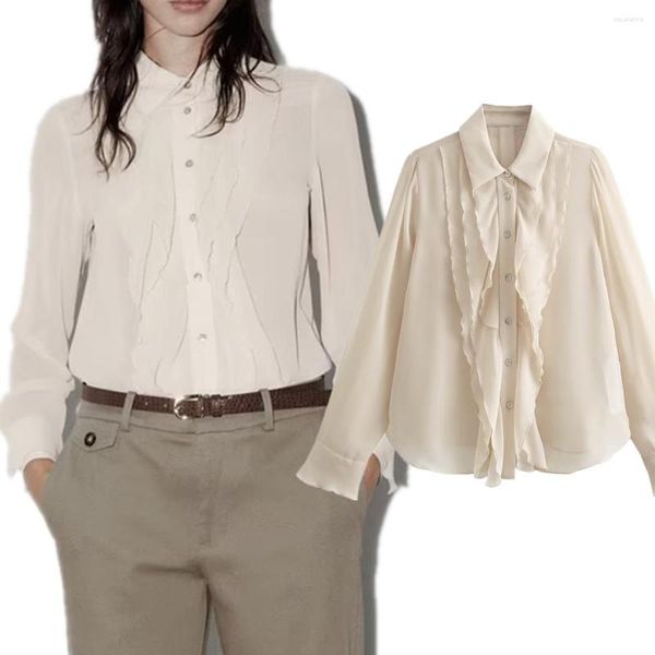 Damenblusen Elmsk Französische Mode Elegant Beige Layered Langarmshirt 2023 Herbst Büro Damen Bluse Damen Tops