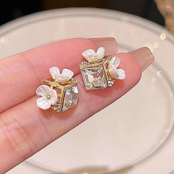 Brincos Lovelink Estilo Coreano Sereia Cor Resina Flor Brinco Para Mulheres Meninas Cristal Brilhante Oco Out Square Fashion Jewelry