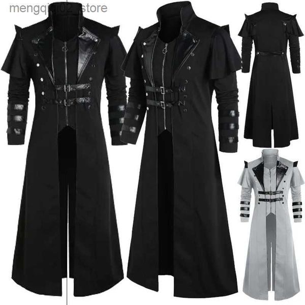 Costume a tema Vintage Halloween Medievale Steampunk Assassino Elfi Pirata Come Uomini adulti Giacca lunga nera divisa Armatura gotica Cappotti in pelle Q231010