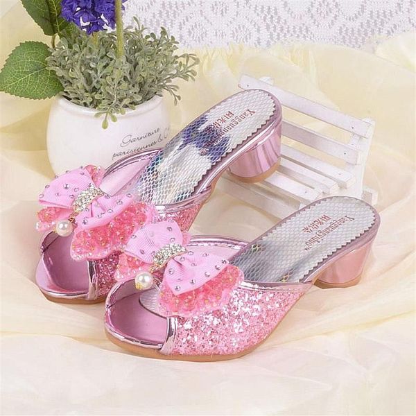 Летние сандалии для девочек, тапочки принцессы с блестками, детские вечерние модельные туфли на высоком каблуке, кожаные детские шлепанцы, Slides2262